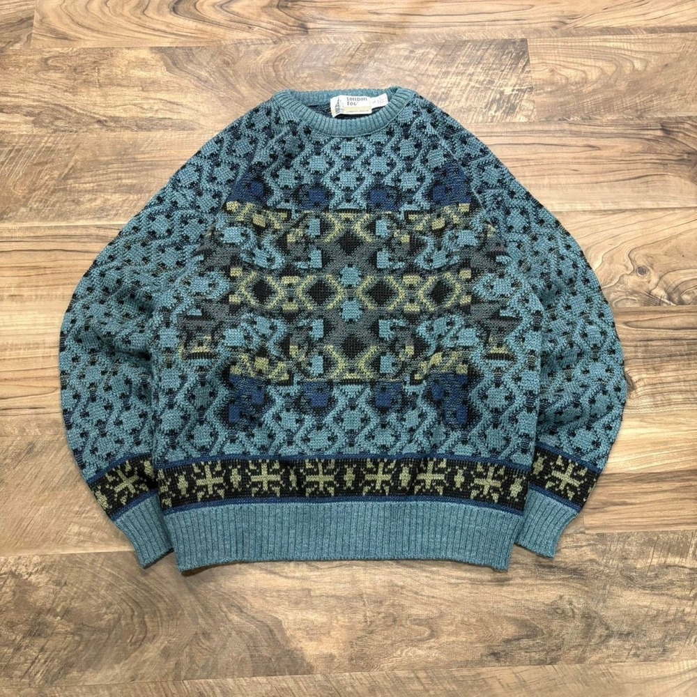Vintage Y2K London Fog Crazy Pattern Knit Sweater 90s Textured Geometric Retro